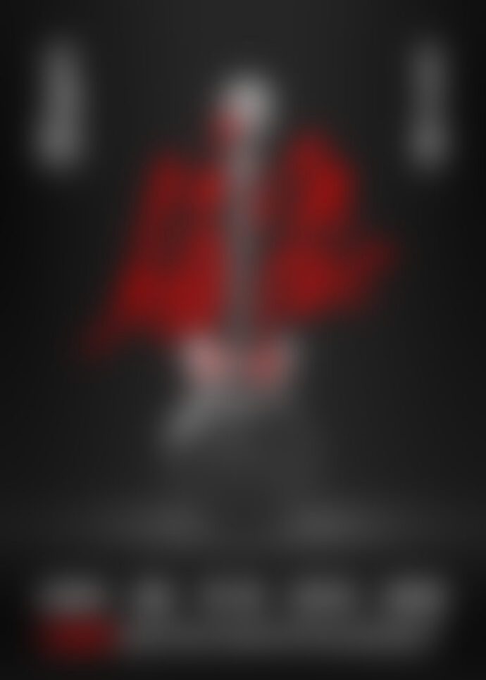 Blurred person in red jacket holding guitar