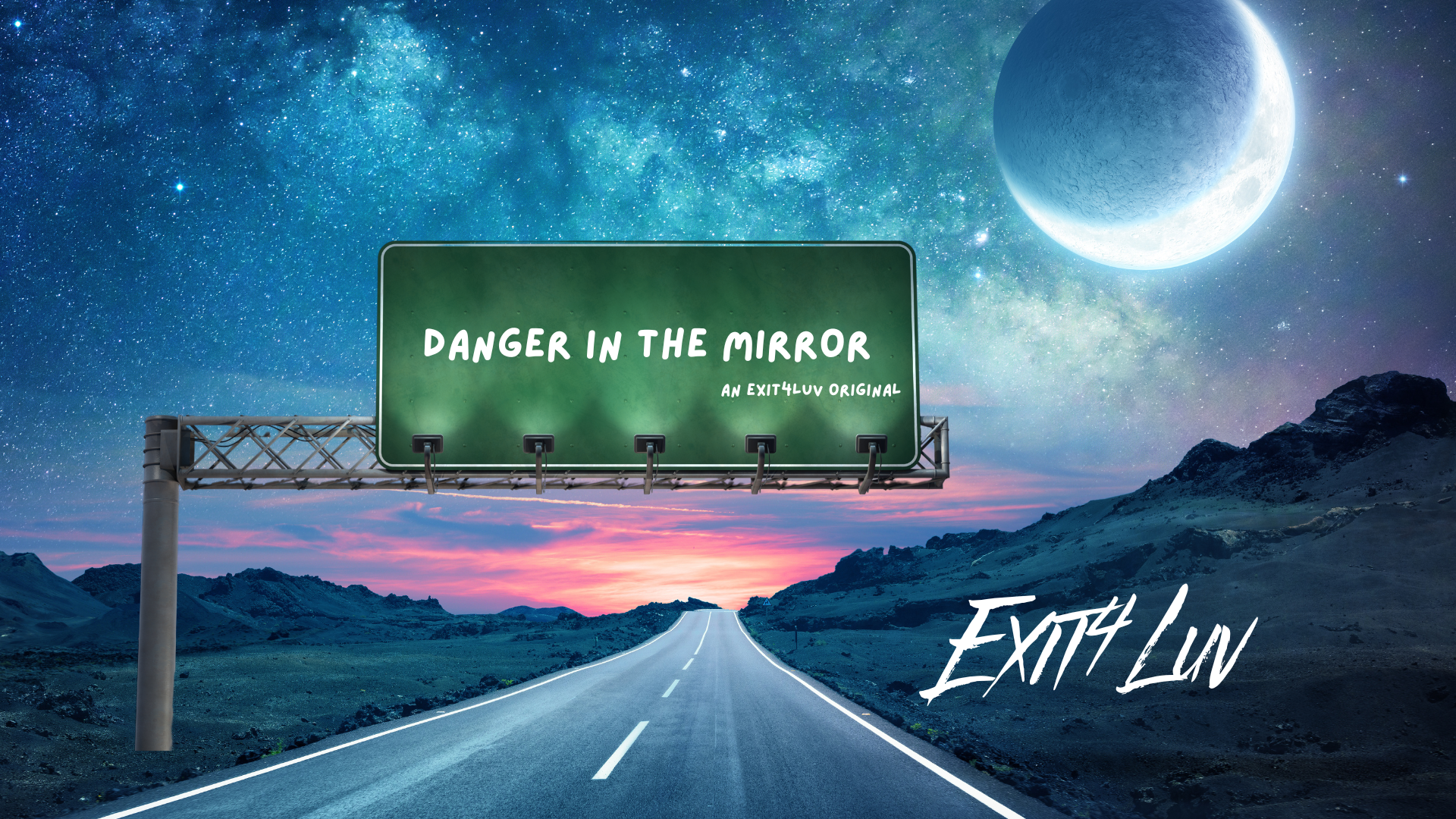 A surreal night road with a sign reading 'Paradise is the Paradox'.