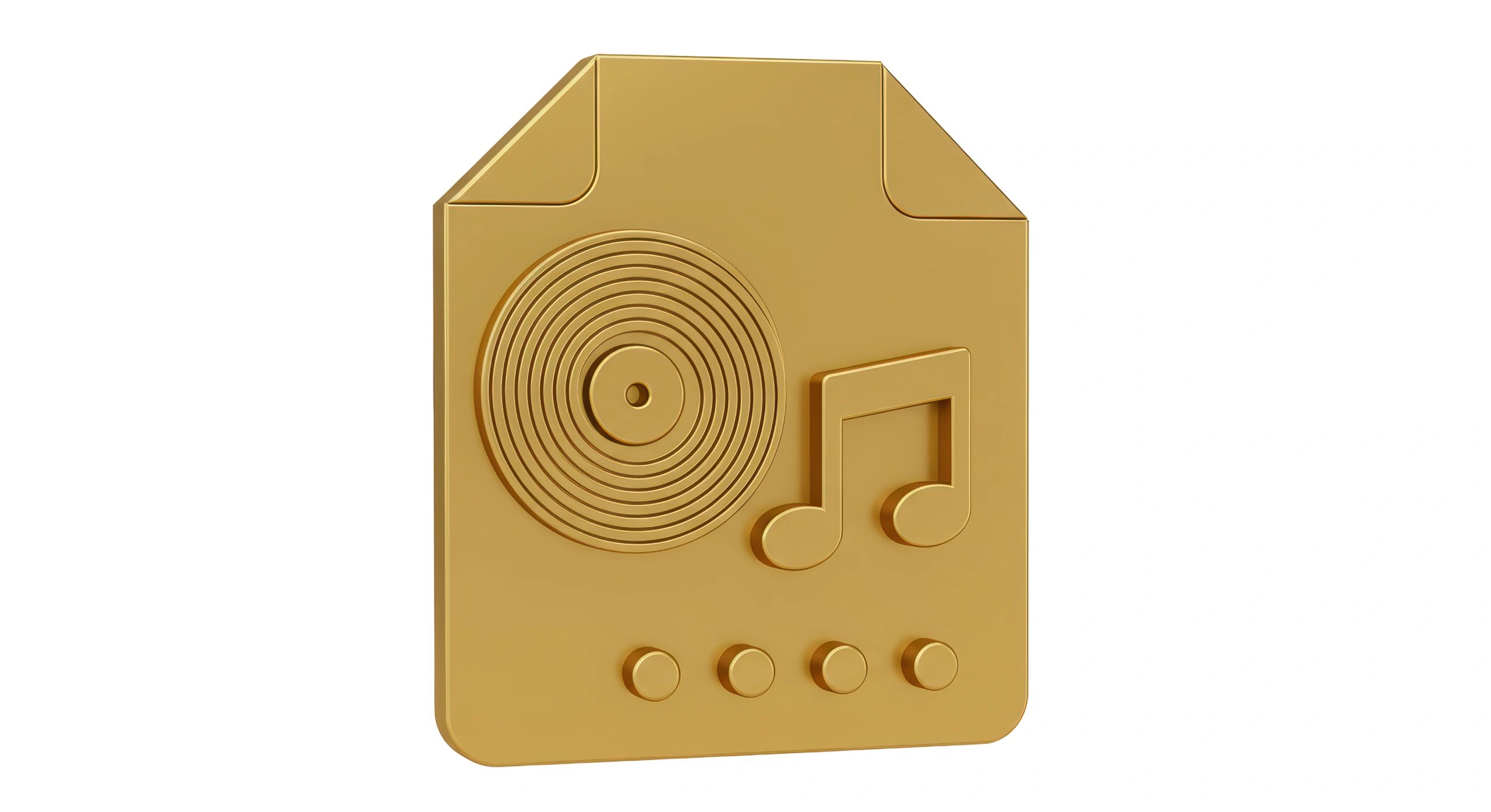 A gold 3D icon of a music file with a vinyl record and musical note.