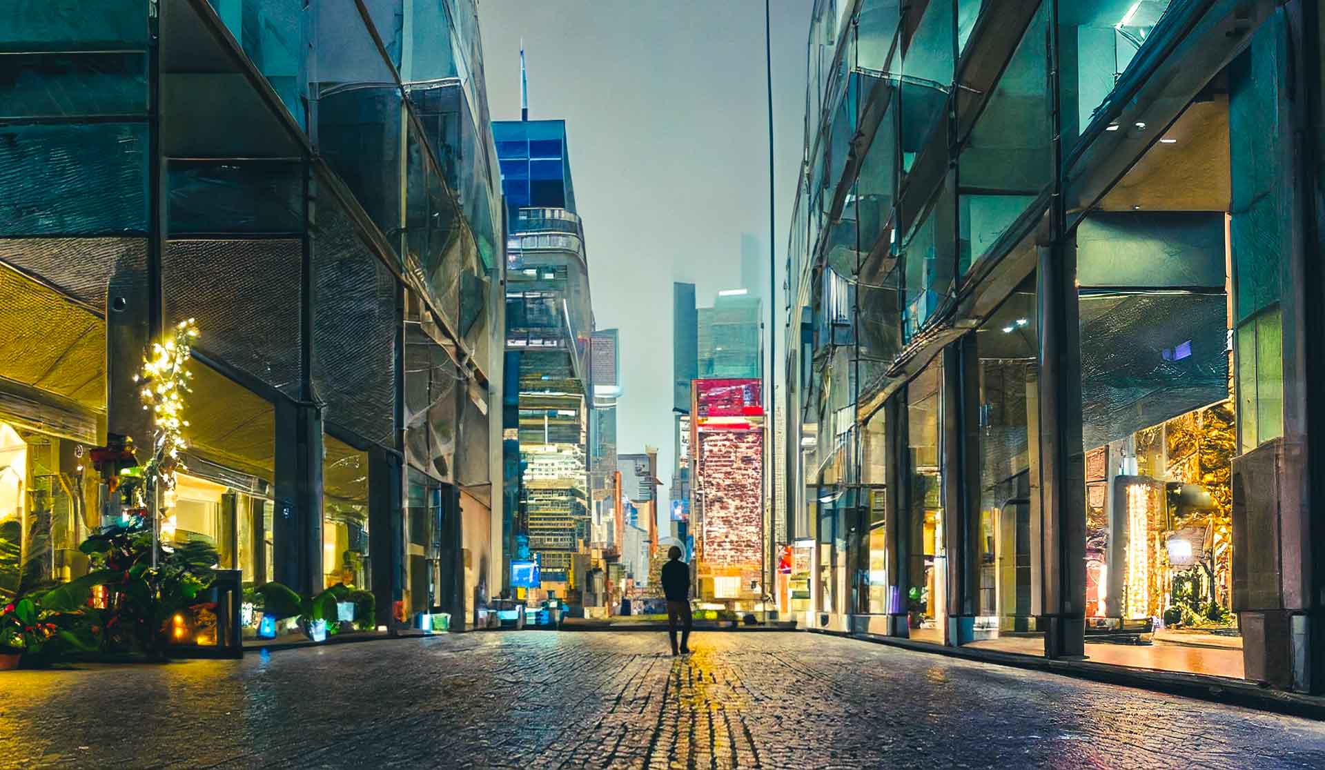 A modern urban street at dusk with illuminated billboards and glass buildings.