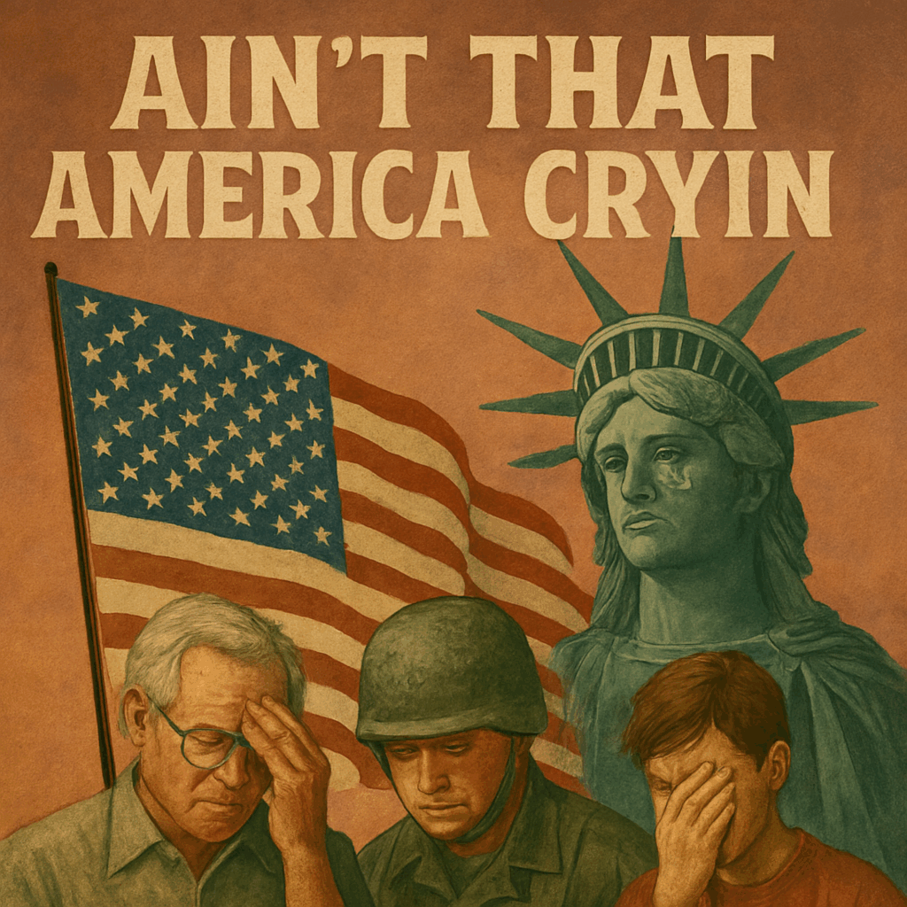 Patriotic figures mourn under the phrase 'Ain't That America Cryin'.