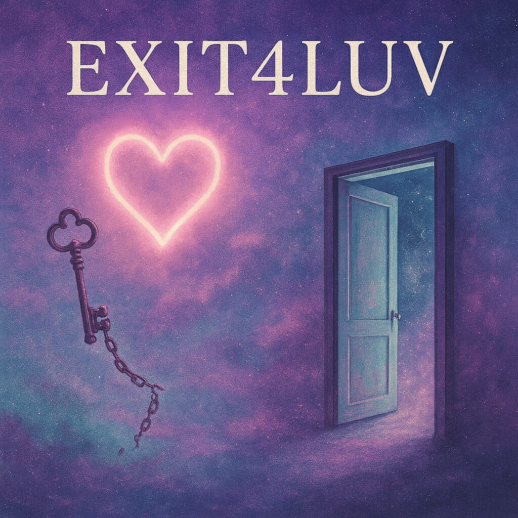 A glowing heart, key, and open door against a dreamy purple sky with 'EXIT4LUV' text.