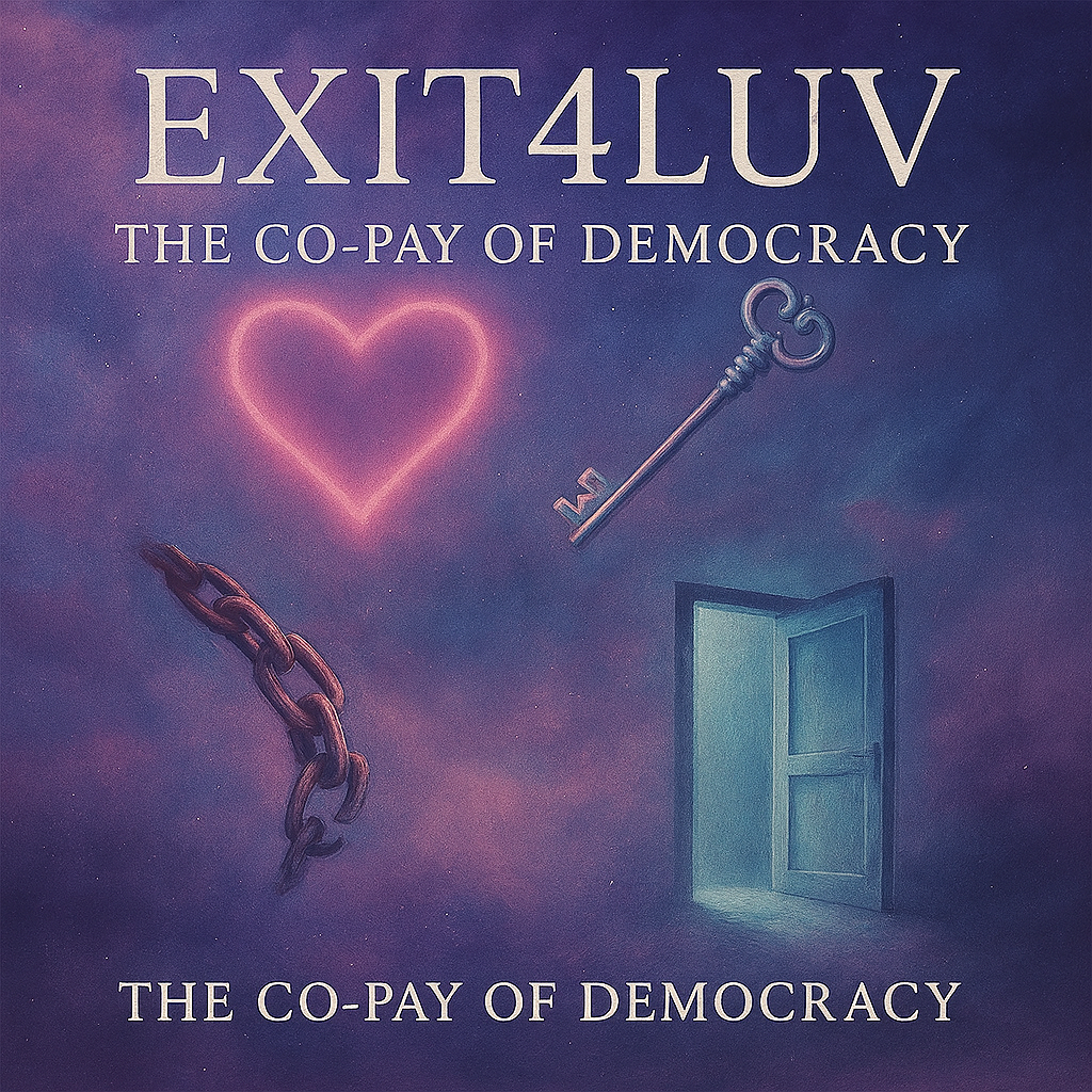 A surreal scene with a heart, keys, and an open door under the title 'EXIT4LUV'.