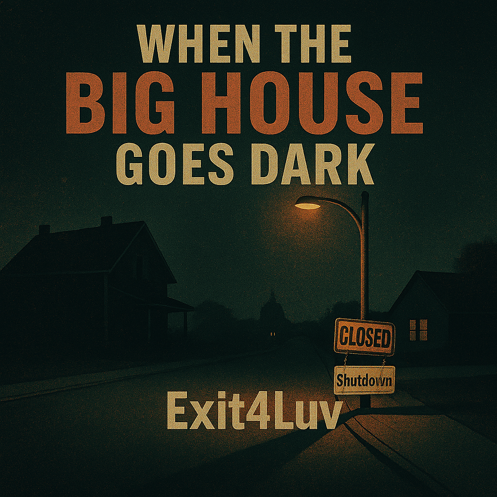 Dark, eerie house with a foreboding sign reading 'When the Big House Goes Dark.'