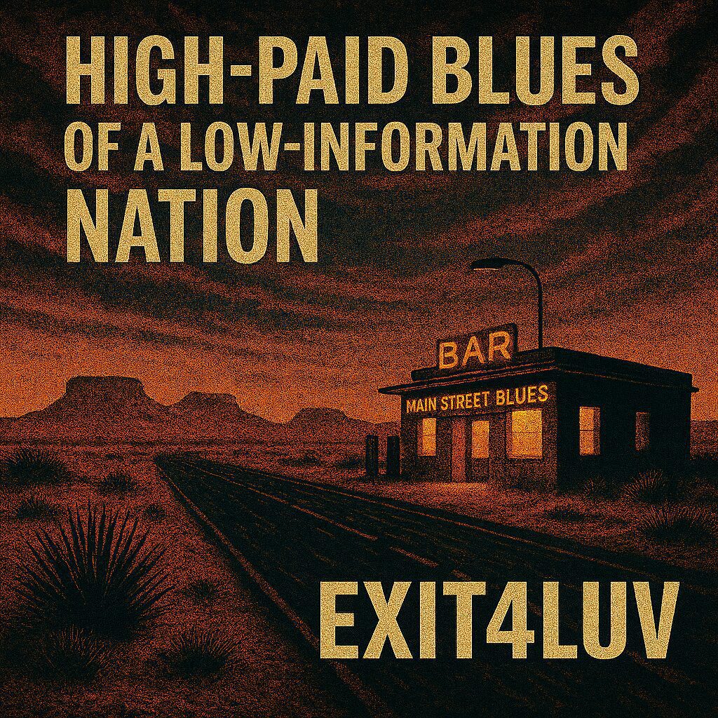 Deserted bar at sunset with bold text about high-paid blues in a low-information nation.