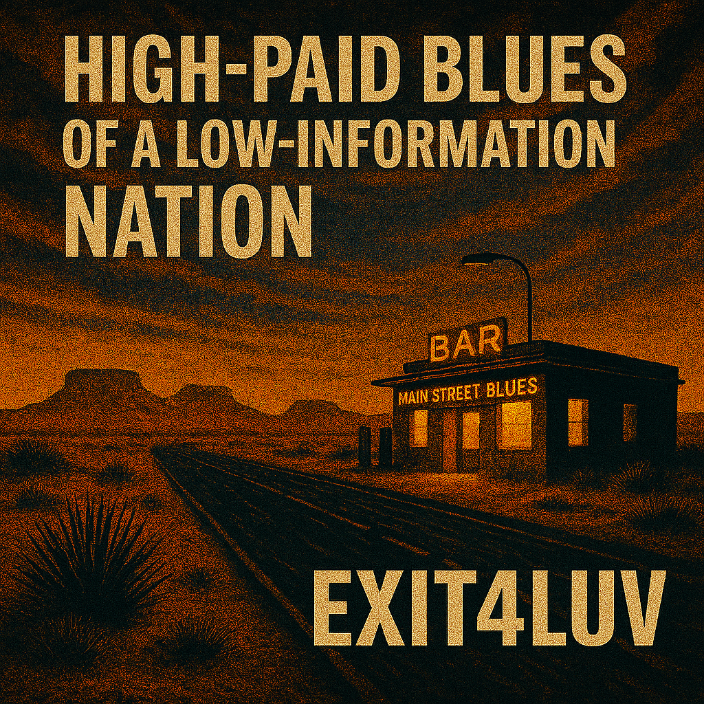 Deserted bar at sunset with bold text about high-paid blues in a low-information nation.