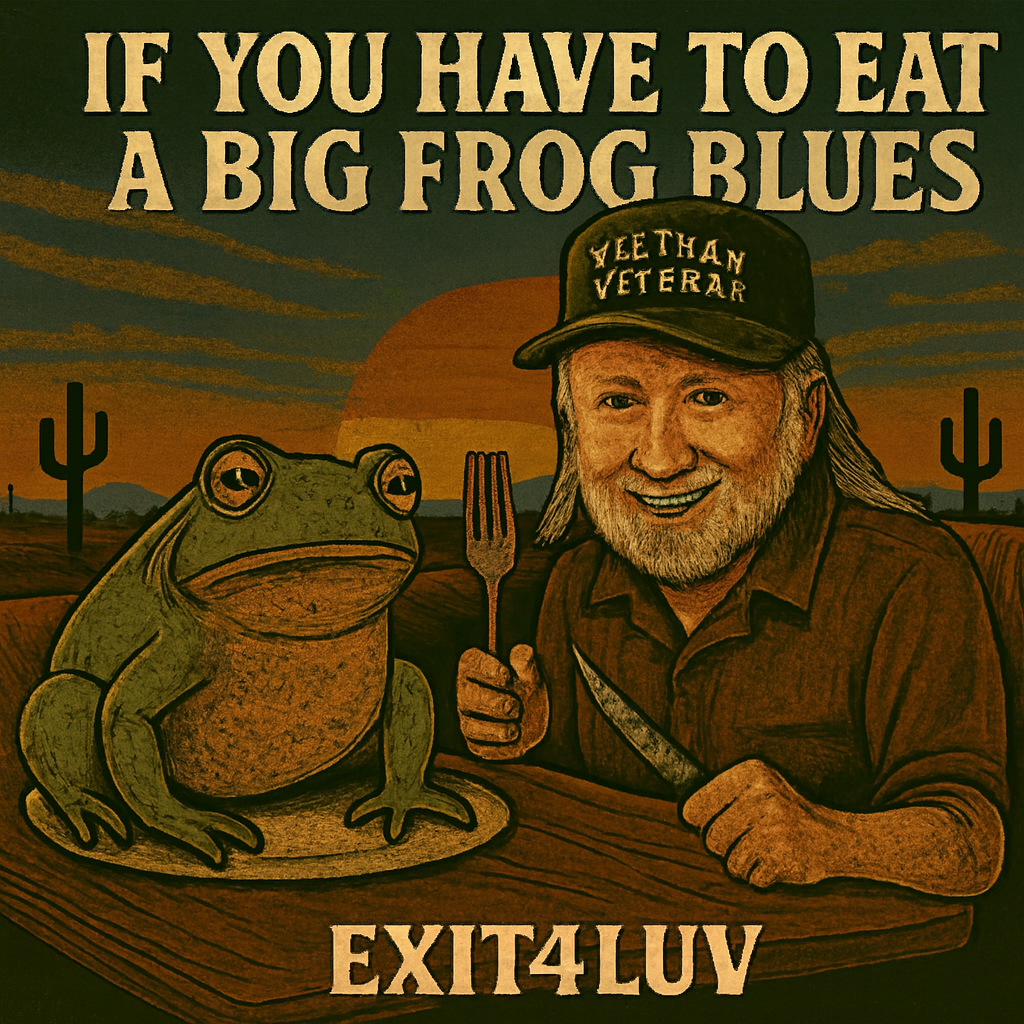 Man with a frog on a plate with text about eating a big frog.
