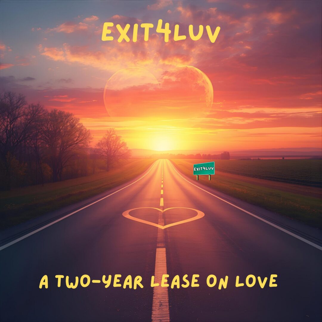 Sunset road with glowing text 'EXIT4LUV' and subtitle about a two-year love lease.