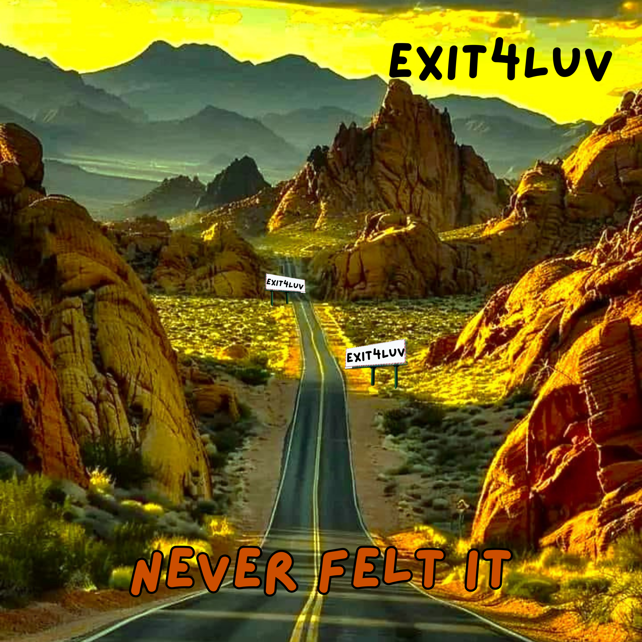 A desert road leading to mountains with the text 'Exit 4 Luv' and 'Never Felt It'.