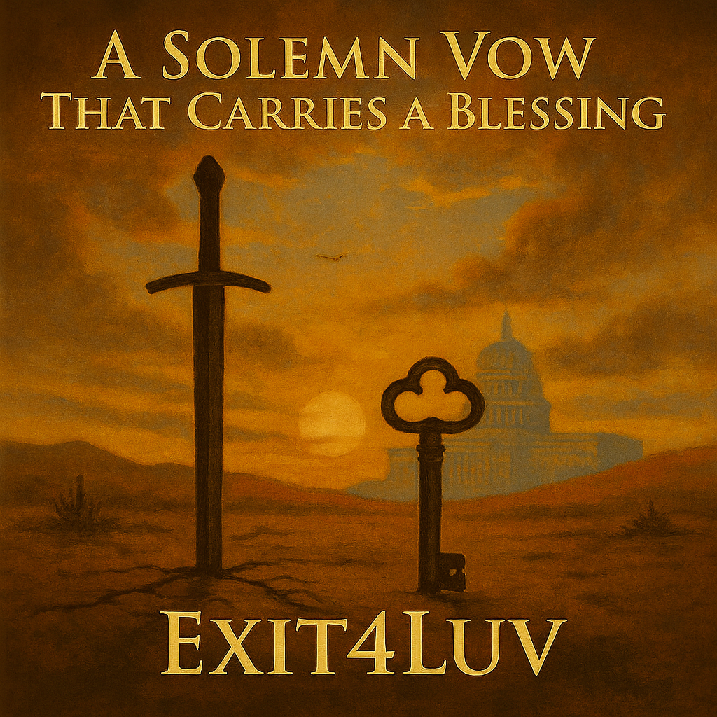 A sword and key silhouetted against a dramatic sunset with text about a solemn vow.