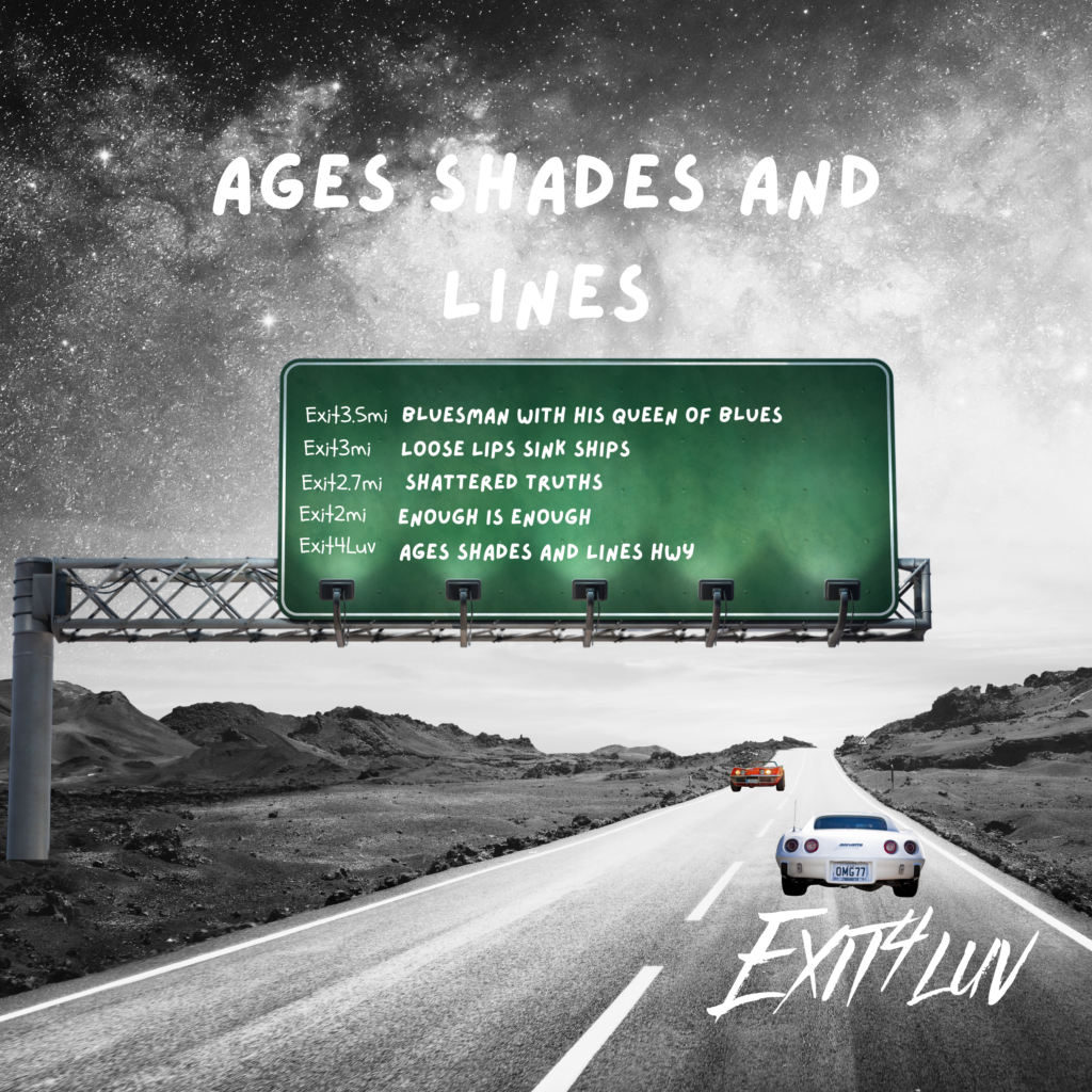 Highway road sign listing song titles from Ed Sheeran's album '÷' against a starry sky.