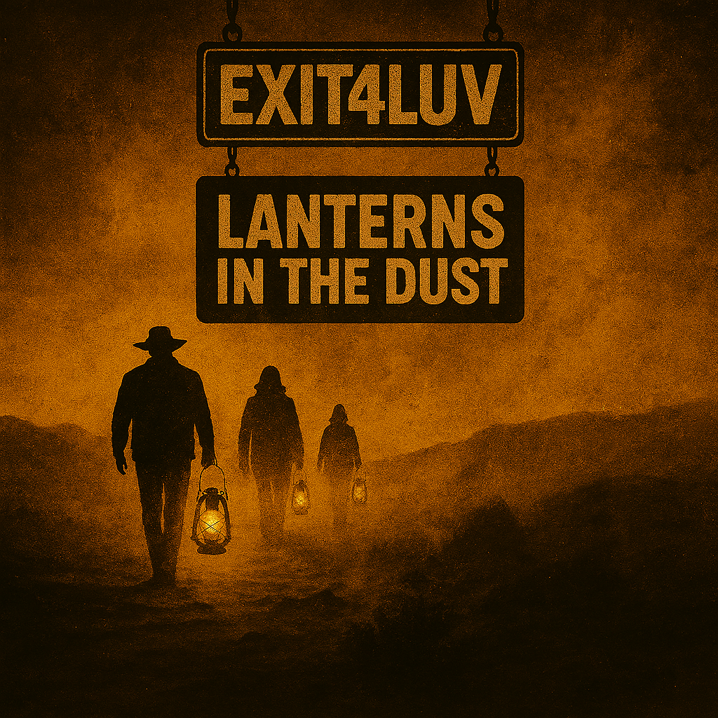 Silhouettes with lanterns walk through a dusty, orange-hued landscape.