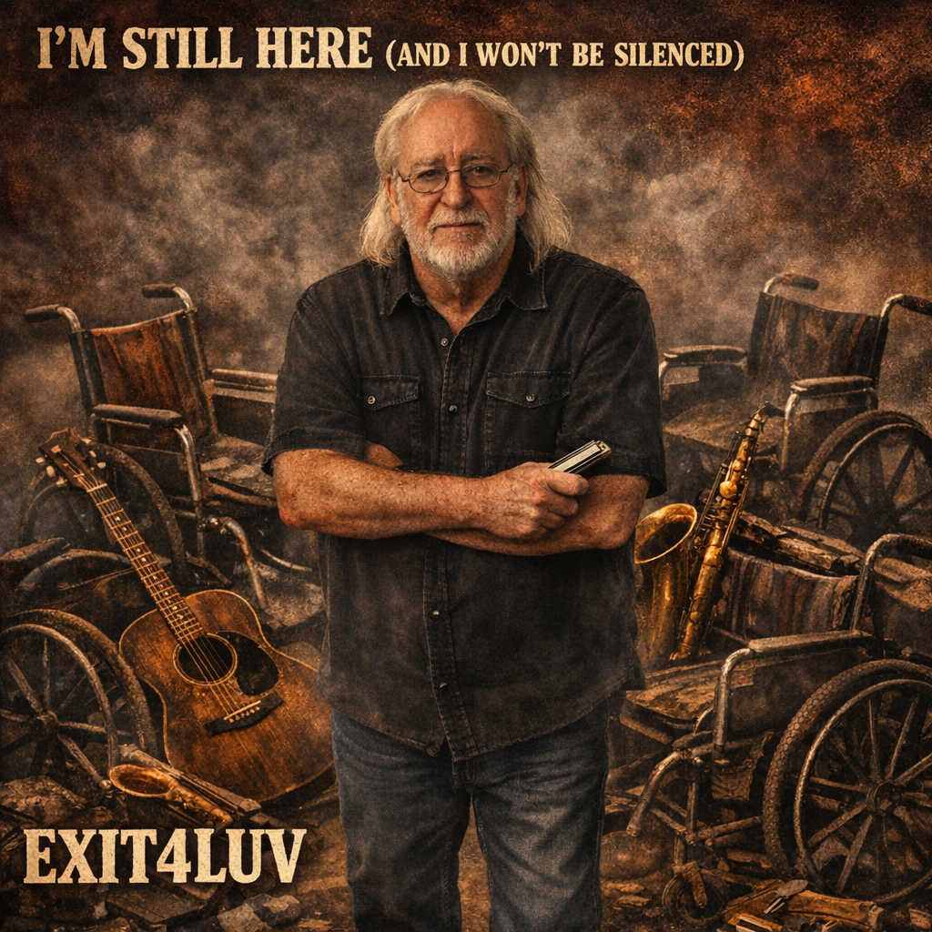 A man standing confidently amidst old guitars and wheelchairs.
