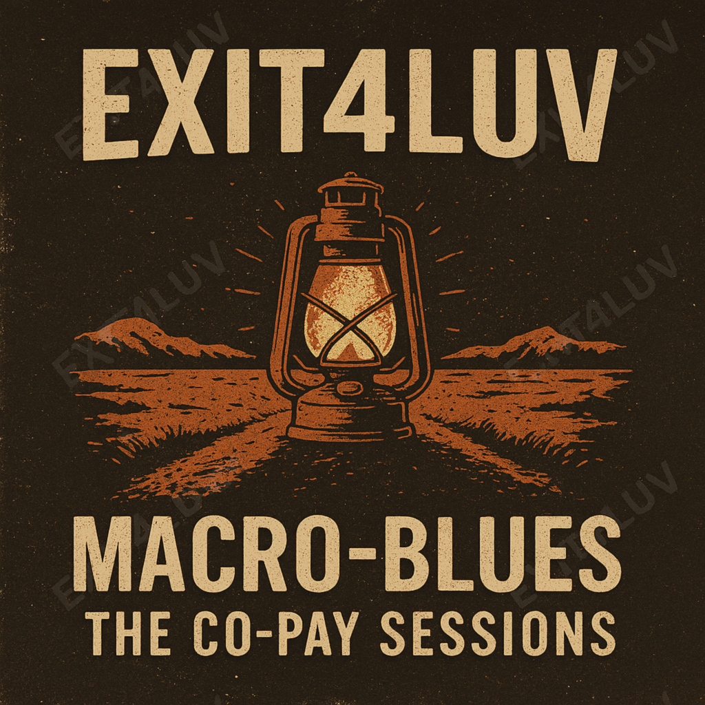 Vintage-style graphic with lantern and text for EXIT4LUV MACRO-BLUES event.