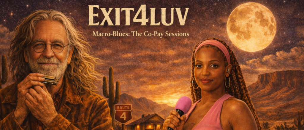 A man with long hair and a woman in a desert at sunset with a large moon.