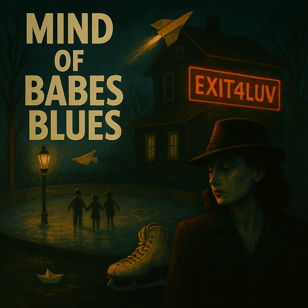 Dark, moody scene with a woman, children, and a house under the sign 'EXIT4LUV'.