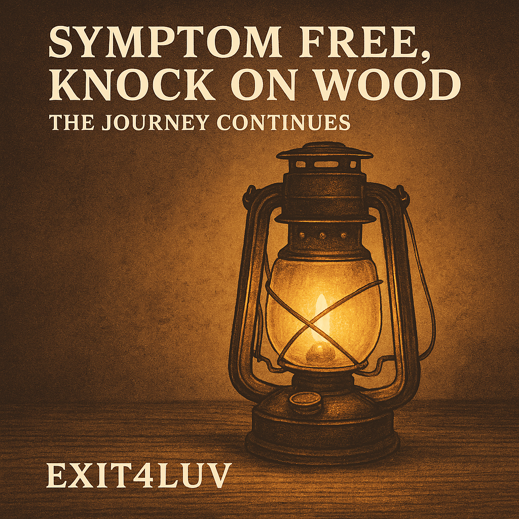 A glowing lantern with text about symptom-free journey and knock on wood.