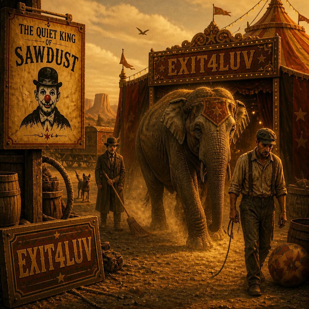 Vintage circus elephant and workers outside tent