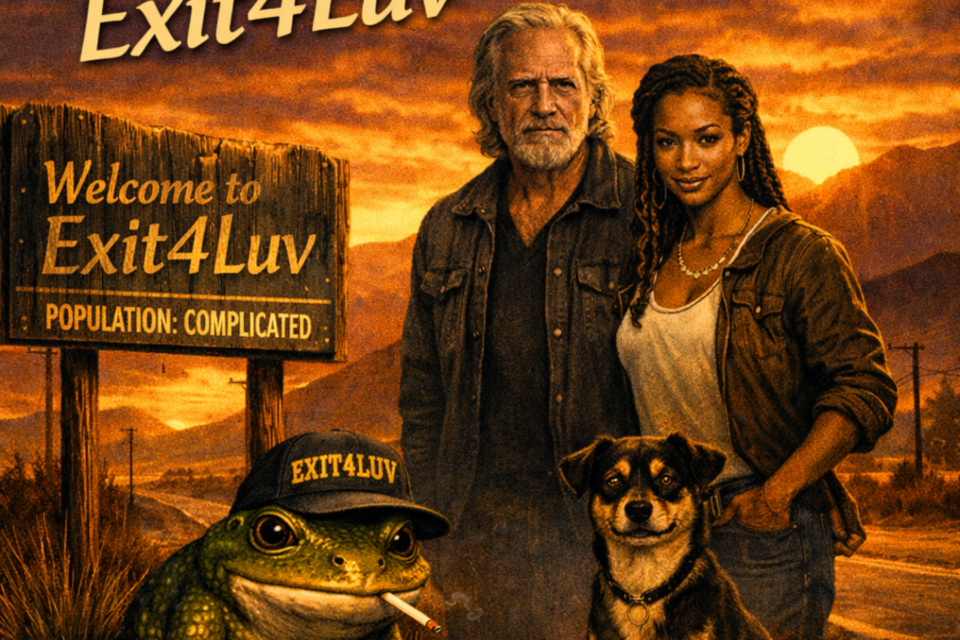Sunset poster with older couple, dog, smoking frog