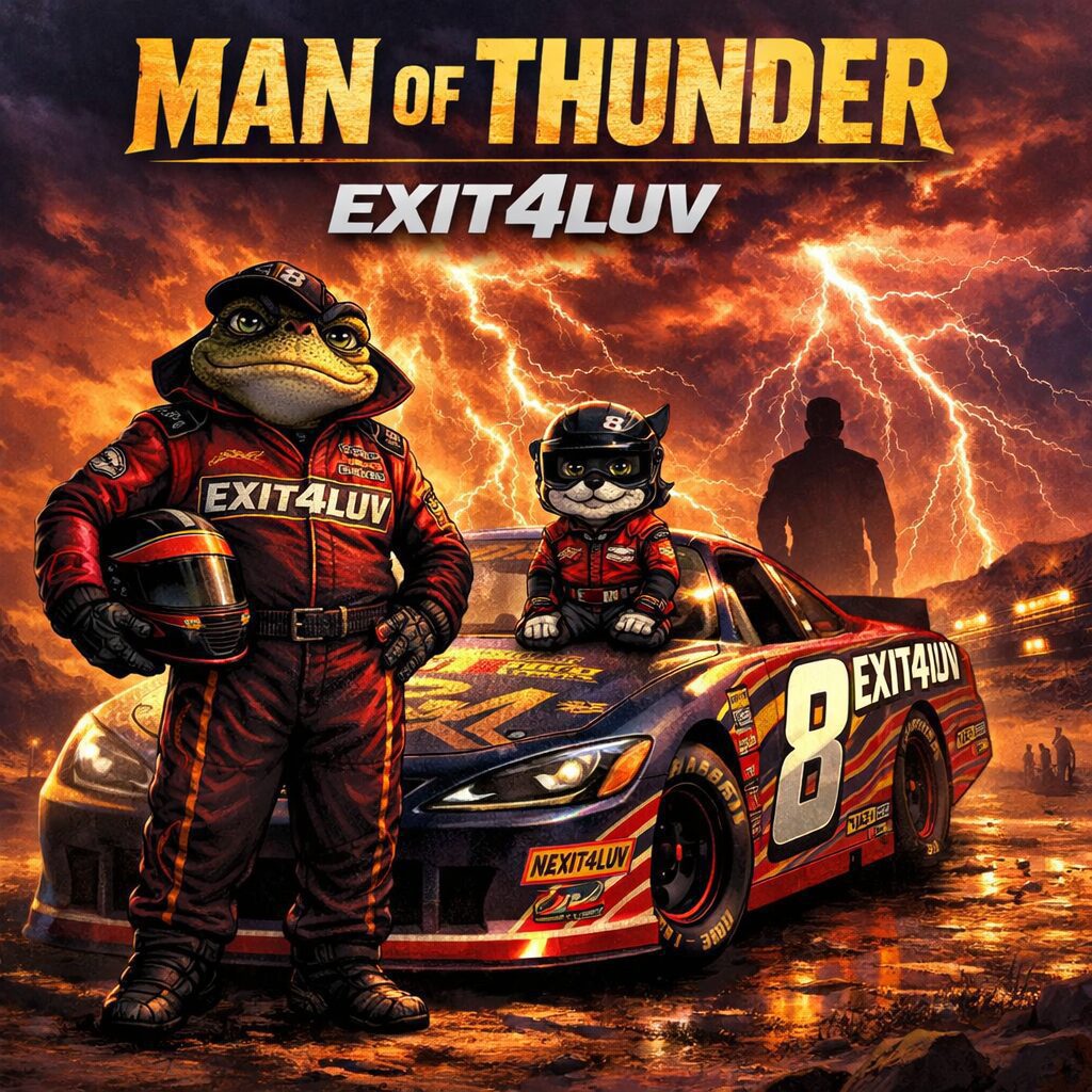 Anthropomorphic frog and cat racers by stormy car