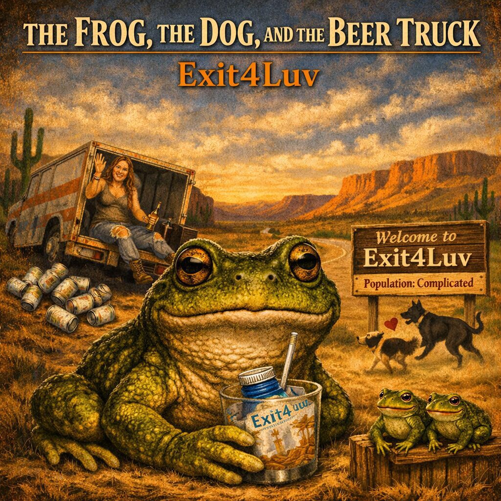 Giant frog holding drink, truck and dogs